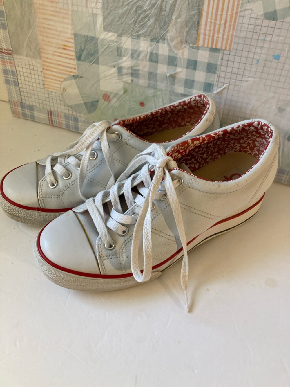 White OP Low-Top Lace-Up Wedge leather Vintage Sneakers with Red Trim size9